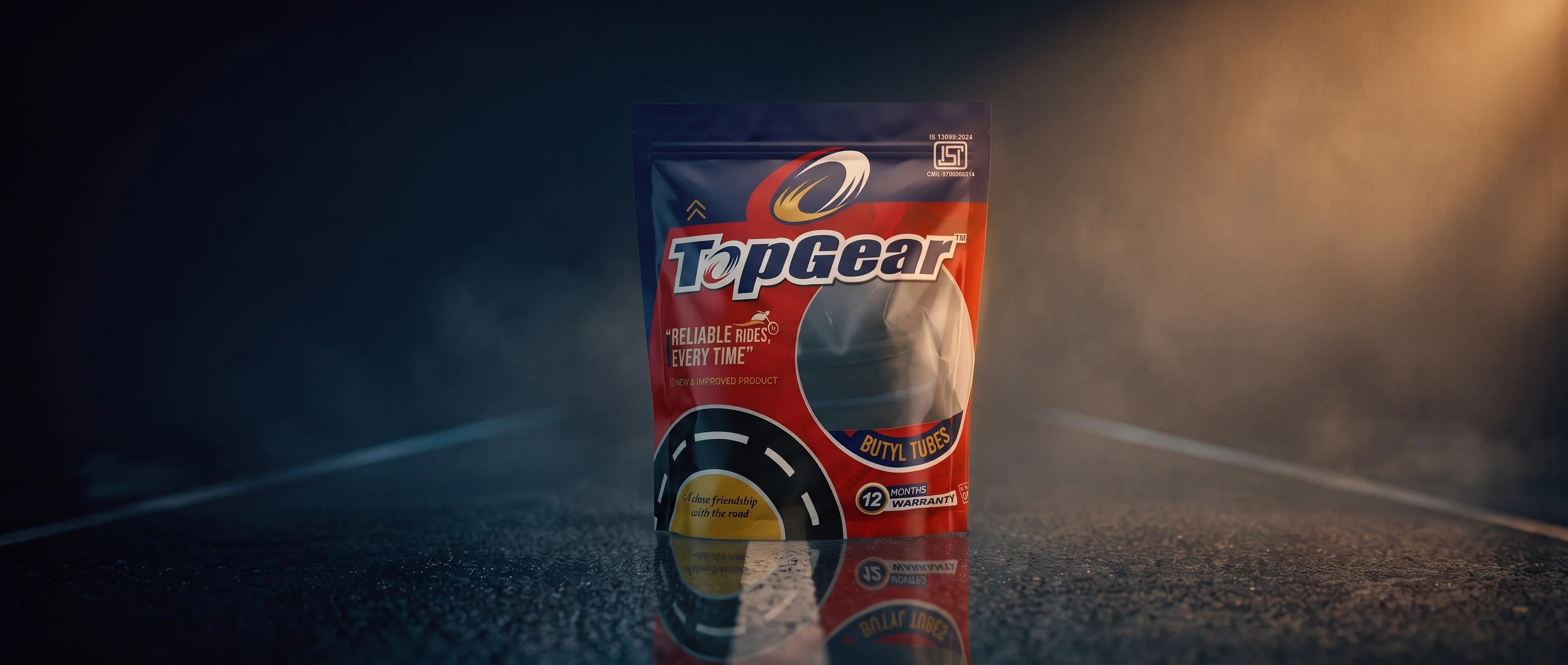 TopGear butyl tube pouch on a wet road at dusk
